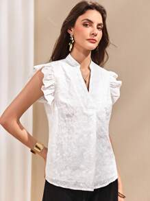 Almamuse Women's Casual Versatile Elegant Solid Color Notched Neck Summer Ruffle Hem Shirt - White - View 5