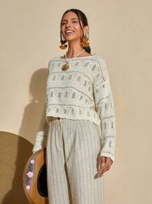 Bóhologie 女士钩针编织波西米亚风毛衣 - 白色