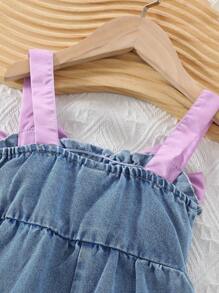 SHEIN Playful Pals 女婴时尚撞色系带蝴蝶结连体衣 - 彩色 - 查看 4