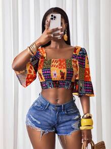 BamGleam 女士松紧腰印花度假衬衫，夏季时尚 - 彩色 - 查看 7