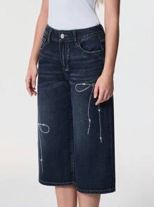 SHEIN Frenchy 女式休闲水洗水钻蝴蝶结宽松牛仔裤 - 藍色 - 查看 3