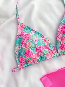 SHEIN 少女三件套粉色贝壳印花泳衣背心 INI 套装度假海滩风格 - 粉色 - 查看 4