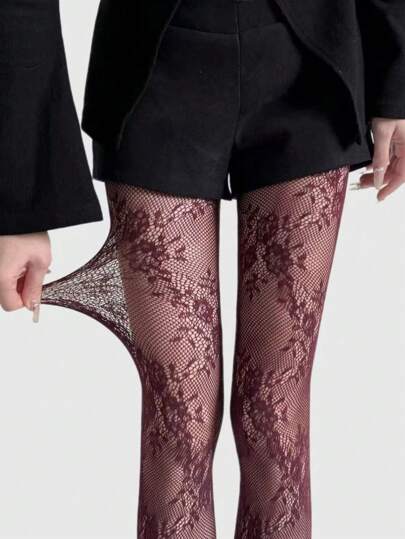 ROMWE Kawaii Floral High Elasticity Hollow Out Sexy Fishnet Tights, Suitable For Women's Daily Wear