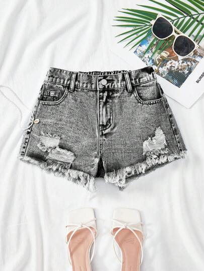 SHEIN Teen Girls Y2K Spring Summer Break Light Washed Low Waist Ripped Raw Hem Denim Jeans Shorts With Raw Hem,Summer Beach Boho Vacation Shorts ,Summer Concert Festival Casual Rave Outfits,Girls Summer Brunch Graduation Outfits