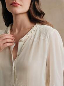 Anewsta Heavy Beaded Chiffon Long Sleeve Blouse With Embroidered 3D Floral Design And Double Layer Round Neck For Women - White - View 3
