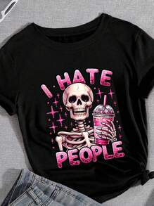 SHEIN Unity Áo thun cổ tròn mùa hè dành cho nữ in chữ tiếng Anh "I Hate People", hình đồ uống màu hồng và ngôi sao - màu đen - Xem 3