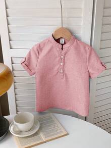 SHEIN 1 pieza Camisa casual de manga corta y cuello alto con tejido suelto liso para niños pequeños - Rosa vieja - Ver 4