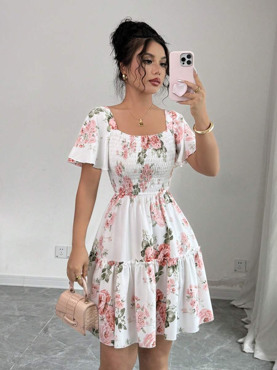 Elenzga Women Floral Print Sashes Ruffle Hem Short Sleeve Casual Dress, Vacation Style - Multicolor - View 1