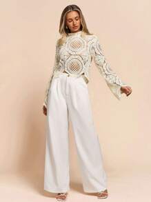 Glamine Soluble Flower Print See-Through Collar Long Sleeve Pullover Shirt,Date Night Sexy Knit Tops,Embroidered Hollowed-Out Tops,Vacation For Woman,White Embroidered Pullovers Fall For Women - Apricot - View 3