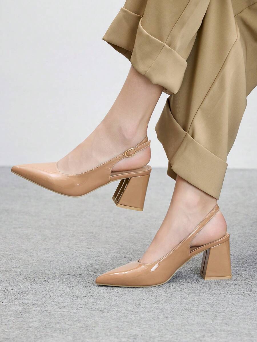 CUCCOO BIZCHIC 女士时尚杏色露背尖头粗跟高跟鞋，经典简约通勤、约会、派对、节日、婚礼 - 卡其色 - 查看 1