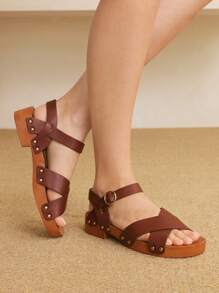 Styleloop Women's Round Toe Slip-On High Heel Sandals, Outdoor/Commuting, PU Thick Heel, Brown - Rust Brown - View 10