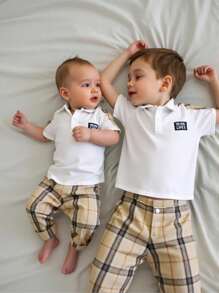 SHEIN 2pcs/Set Young Boys Casual Comfortable Versatile Colorblock Plaid Polo Shirt & Straight Plaid Pants Outfit - Khaki - View 8