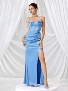 Coutiva 女士正式晚礼服（大量装饰）女士连衣裙生日女士生日装女士休闲连衣裙女士正式，女士时尚优雅婚礼派对舞会礼服，修腰修身面料，舒适柔软，女士返校夏季连衣裙，蝴蝶结珠子和钻石装饰，女士蓝色连衣裙，派对礼服，适合婚礼宾客 - 藍色 - 查看 5