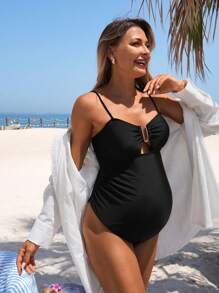 SHEIN 1pc Maternity Swimwear Solid Color Spaghetti Strap One-Piece Swimsuit, Stylish For Summer