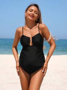SHEIN 1pc Maternity Swimwear Solid Color Spaghetti Strap One-Piece Swimsuit, Stylish For Summer