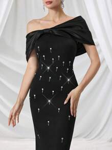 Coutiva 女士优雅不对称领口水晶装饰鸡尾酒会礼服女士礼服生日女士休闲礼服女士黑色礼服工作夏装女士短裙夏季，万圣节 - 黑色 - 查看 7