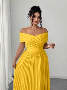 Elenzga Đầm quây eo nhún hở vai , mùa hè, cỡ lớn, hở vai, lãng mạn và thanh lịch, đầm tốt nghiệp cho nữ, quần áo mùa hè nữ, váy thường ngày nữ, đầm sinh nhật nữ, đầm sinh nhật nữ, đầm dạ hội thanh lịch - Màu vàng - Xem 5