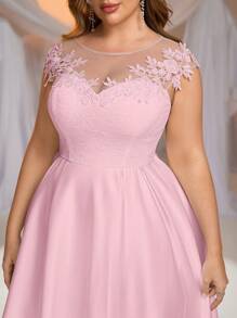 Glamrae 大码优雅浪漫透明领口花卉蕾丝拼布缎面 A 字形婚纱，新娘礼物礼服 - 粉色 - 查看 2