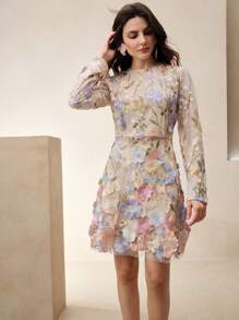 Anewsta 3D Floral Embroidery Women Short Sleeve Mini Dress - Purple - View 4