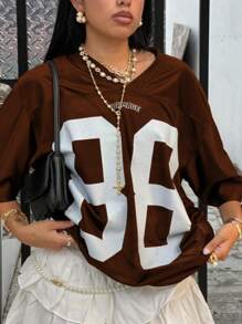 Plus Size Casual Dropped Shoulder Numeric Print Short Sleeve T-Shirt, Summer - Brown - View 1