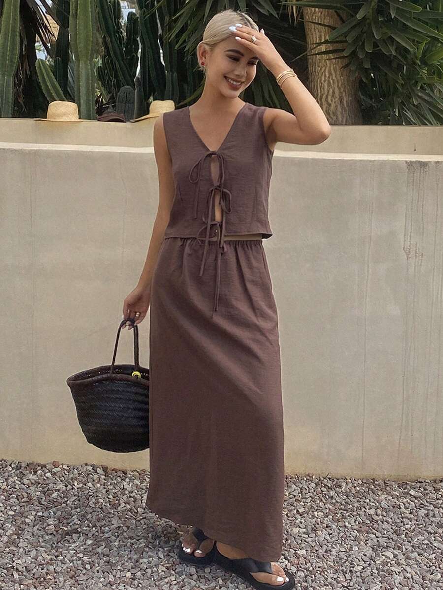 Livesso Bộ 2 chiếc áo yếm và váy vải lanh thường ngày cho nữ, Xuân/Hè - màu nâu - Xem 1