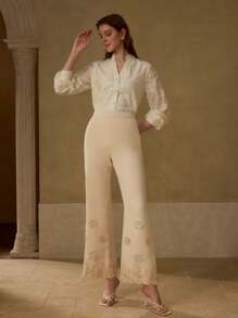 MOTF PREMIUM APPLIQUES DETAIL FLARE LEG SUIT PANTS - White - View 5