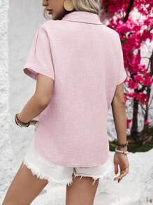 Breezaya 女士休闲 H 领短袖口袋单排扣衬衫 - 淺粉色 - 查看 2