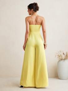 VIOLA AND VESPER Summer Pastel Butter Yellow Strapless Woven Wide-Leg Jumpsuit Women Casual Vacay Outfits