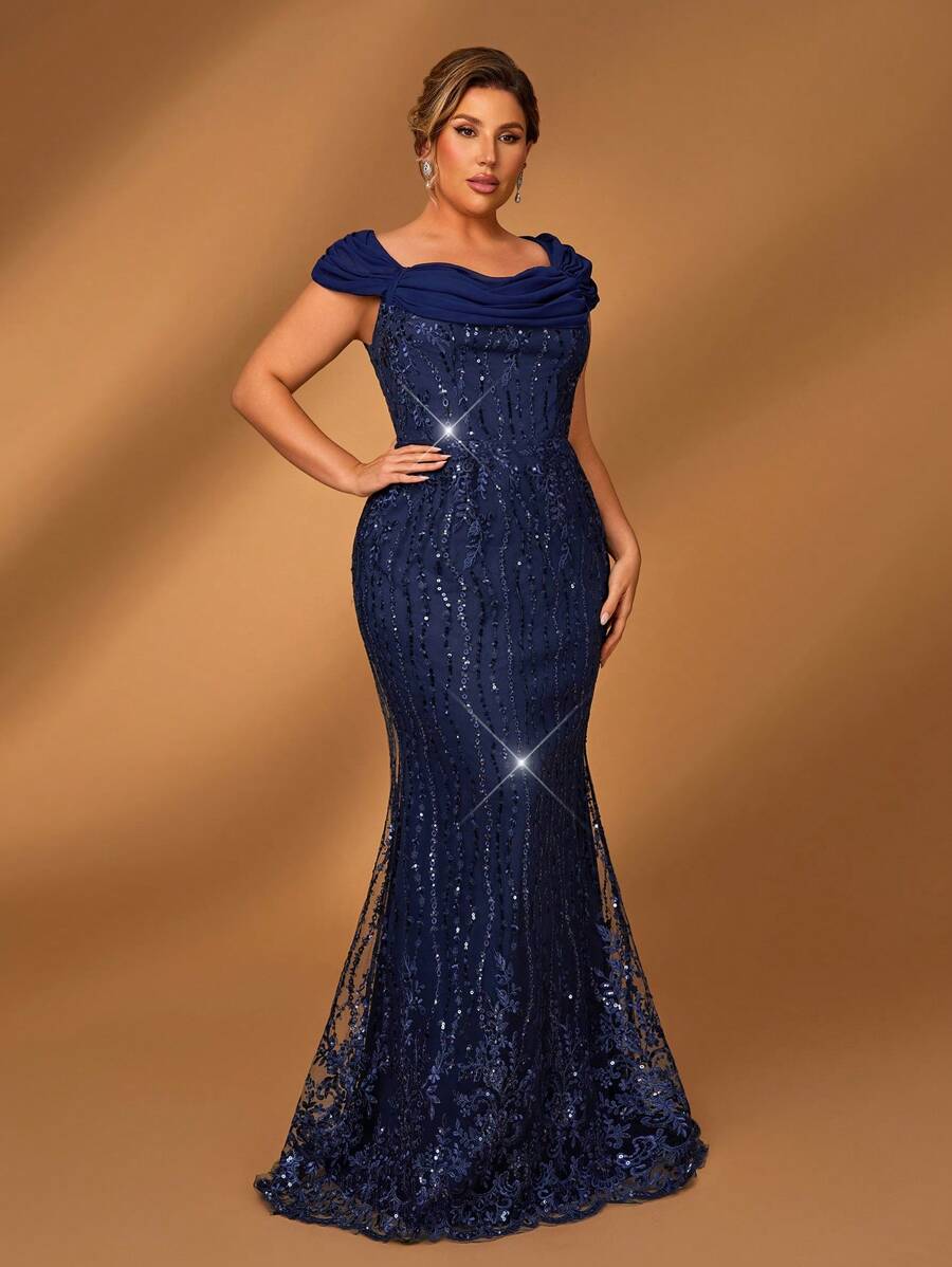 Serin Plus Size Elegant & Luxurious Blue Long Mother Of The Bride Dress With Cap Sleeve, Embroidered Floral & Sequins Details - Navy Blue - View 1