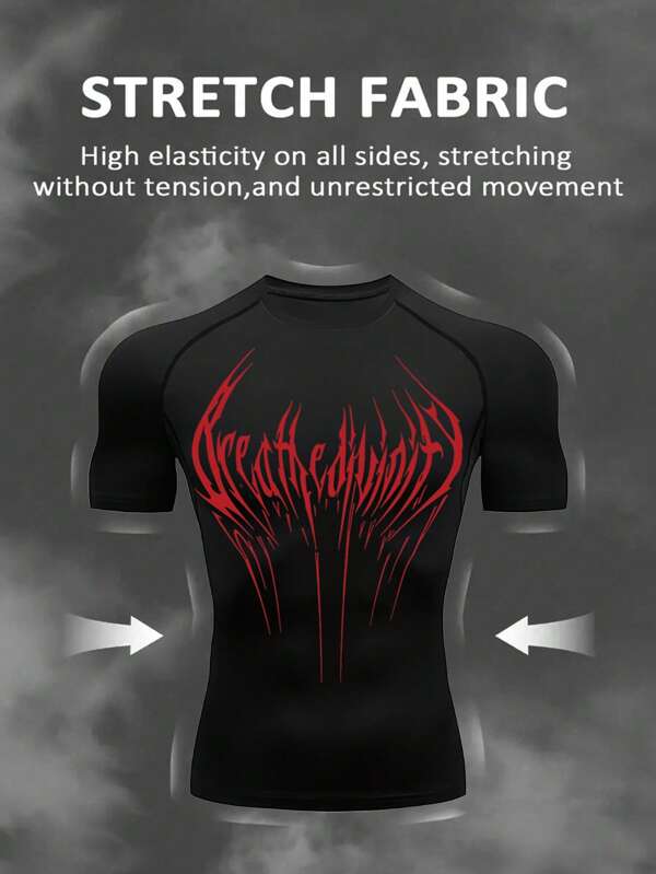 Manfinity Sport Polished Herren Buchstaben-Muster Rundhals Raglan Kurzarm sportliches T-Shirt Workout Kleidung Lauf-Shirts & Tanks Workout Oberteile Gym Top atmungsaktives Kompressionsshirt