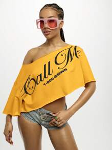 SUMWON WOMEN 露肩短款不对称图案印花节日演唱会 T 恤短袖派对夏季休闲都市装上衣 - 黃色 - 查看 5