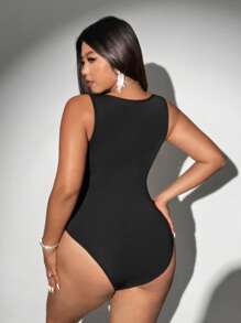 Allurite Plus Size Women Leopard Print Patchwork Casual Bodysuit For Daily & Holiday - Black - View 2