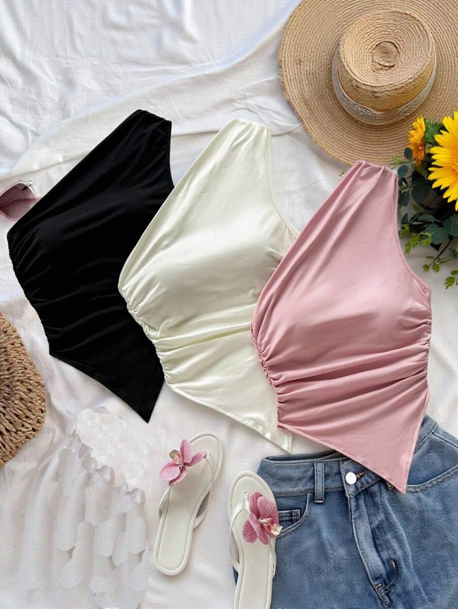 SHEIN EZwear 3件套加大码不对称下摆露肩休闲背心套装,粉色、黑色、杏色,适合春夏穿着 - 彩色 - 查看 1