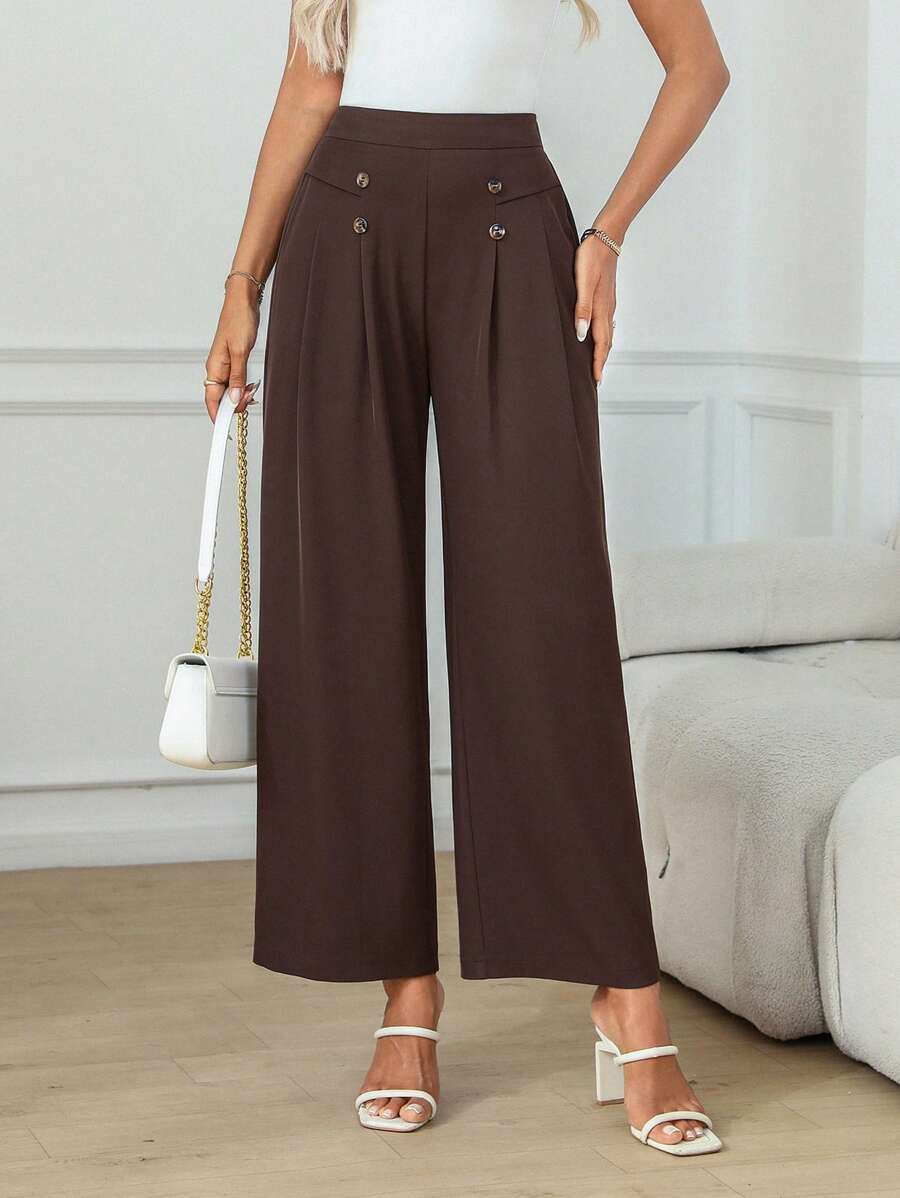 EMERY ROSE Women's Buttoned Pleated Elegant Office Pants Summer - Brown - View 1