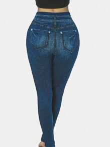 SHEIN LUNE Pantalones ajustados de mujer con estampado de efecto denim, con diseño sexy y de moda para tallas grandes