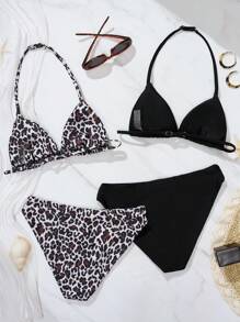 SHEIN Teen Girls 2-Piece Swimsuit With Triangle Top & Bottoms, Buy 1 Get 4 In 2 Colors, Vacation/Beach, Basic Black & Leopard Print Bikini