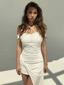 Aloruh Women's Summer Solid Color Pleated Halter Neck Cold Shoulder Mini Dress - White - View 4