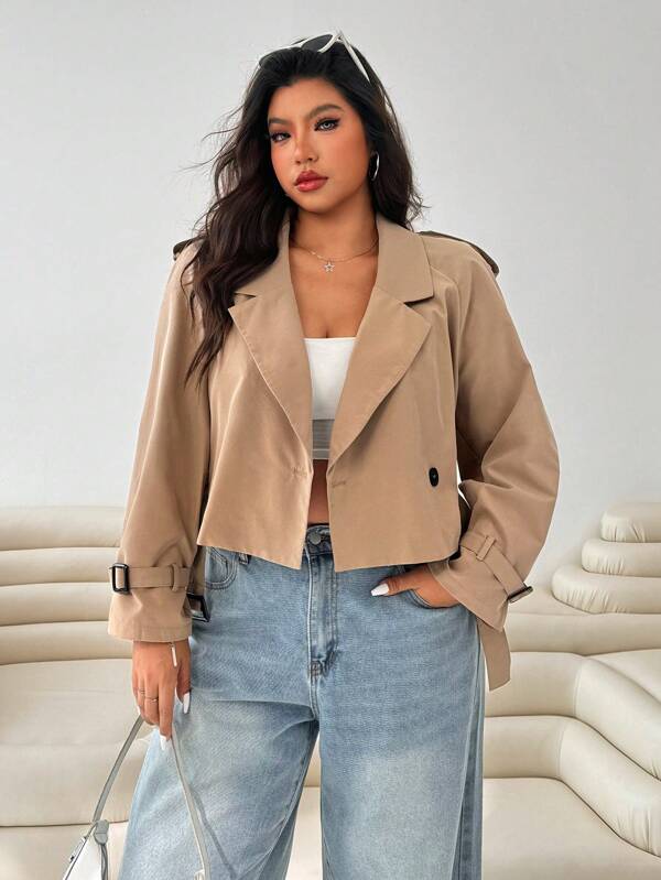 SHEIN EZwear Women Double Breasted Casual Loose Long Sleeve Jacket Coat, Solid Color Short Style,Business Casual Woman