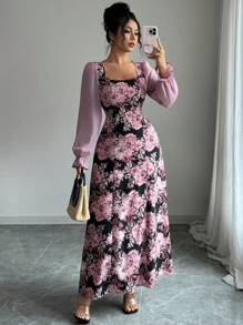 Modelyn Đầm thanh lịch cổ vuông tay bồng eo viền loe họa tiết hoa cho nữ đi nghỉ - Nhiều màu - Xem 1