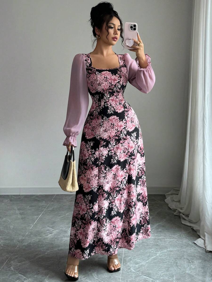 Modelyn Đầm thanh lịch cổ vuông tay bồng eo viền loe họa tiết hoa cho nữ đi nghỉ - Nhiều màu - Xem 1