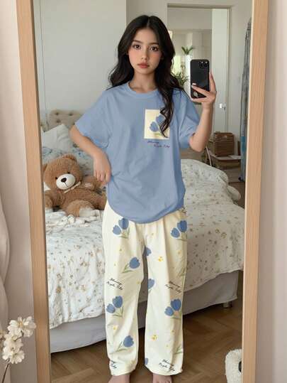 SHEIN 青少年女孩休闲简约圆领短袖长裤家居服套装，适合夏季