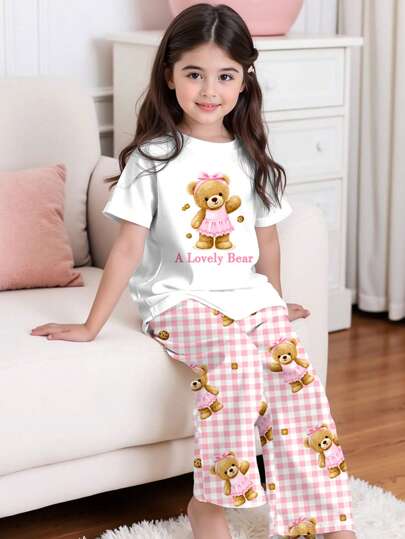 SHEIN Leap Crew 青少年女孩熊图案休闲简约圆领短袖睡衣套装，适合夏季