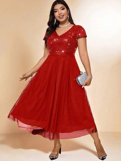 Cravure Plusstorlek Damklänning med glitter och paljettmönster, kapärm, för nyår, maxiklänning för kvinnor, bröllop