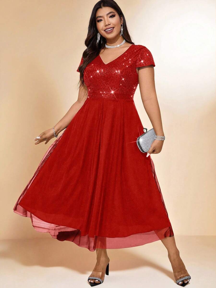 Cravure Plus Size Women's Glitter Sequin Patchwork Cape Sleeve Dress For New Year Clothes Maxi Women Outfit Wedding - Red - View 1
