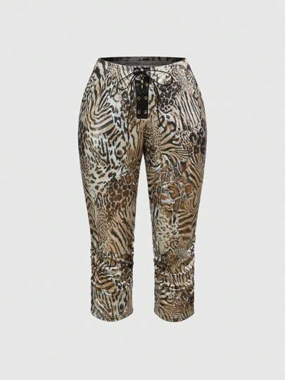 ROMWE Avant Pantalon Capri à laçage en tissu doré à imprimé léopard rétro Harajuku pour femme