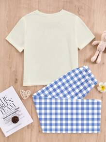 SHEIN Leap Crew 青少年女孩可爱小熊印花休闲简约圆领短袖和裤子家居服套装，夏季 - 彩色 - 查看 2