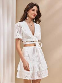 Almamuse Women Elegant Textured Embroidered Mini Skirt Set - White - View 1