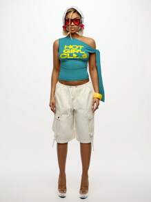 SUMWON WOMEN 露肩徽标印花夏季节日俱乐部装运动休闲侧系带短款背心不对称图案 Y2K 针织上衣 - 藍色 - 查看 3