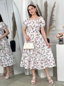 少女碎花泡泡袖方领迷你连衣裙，度假风格 - 白色 - 查看 4