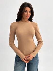 RueChic Mock Neck Ribbed Knit Tee - Beige - View 3